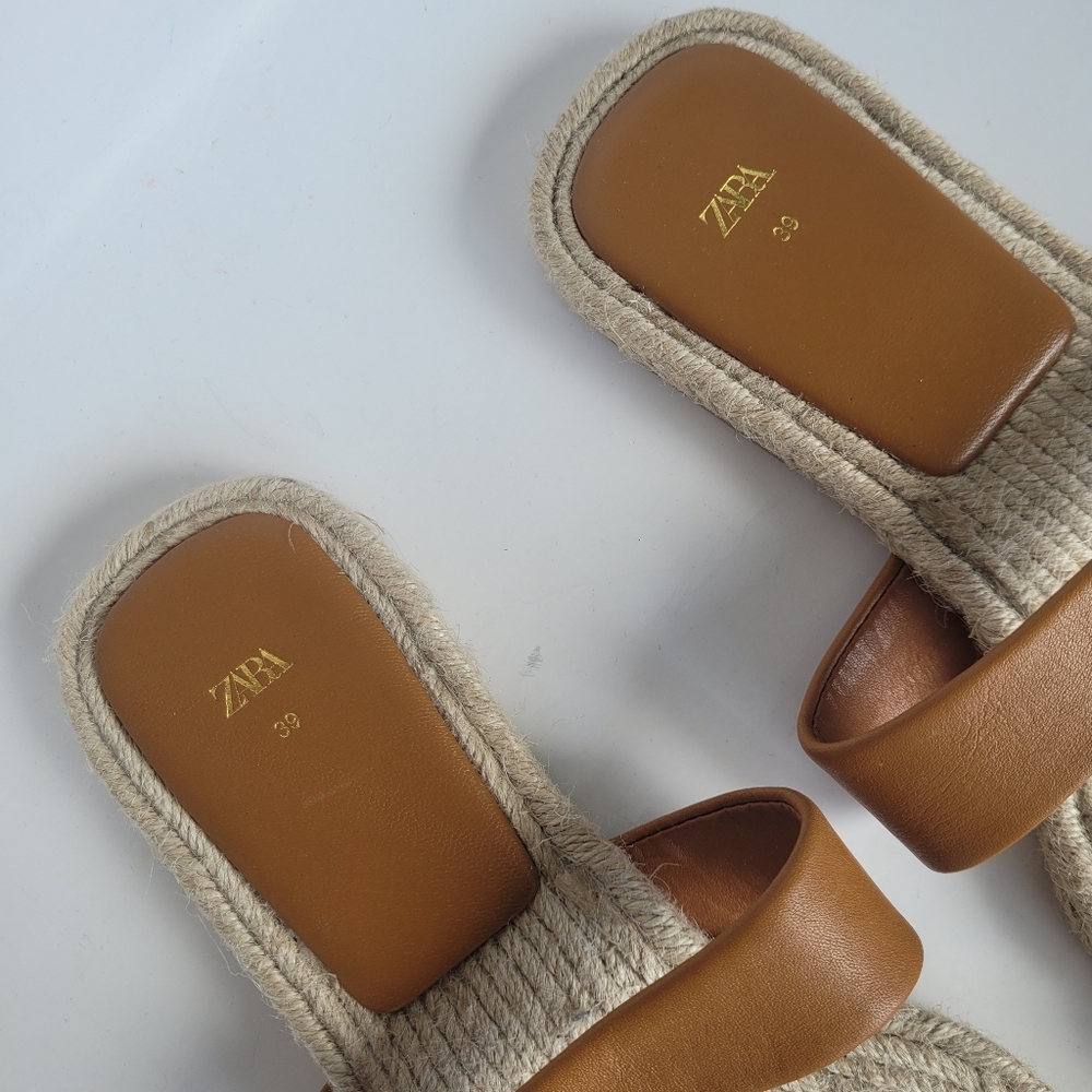 Zara Leather & Jute Flat Slide Sandals in Tan size 8.5 Boho - Picture 3 of 8
